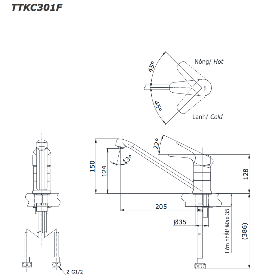 Bản vẽ kỹ thuật vòi bếp nóng lạnh Cres TTKC301FV