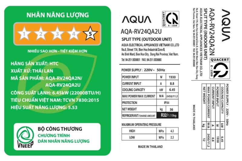 nhãn năng lượng Điều hòa Aqua Inverter 22000 BTU 1 chiều AQA-RV24QA2