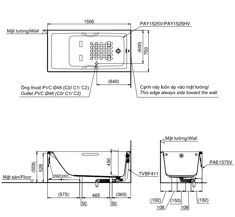 Bản Vẽ Kỹ Thuật Bồn Tắm Chân Yếm PAY1525VC TOTO