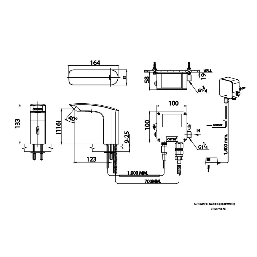Bản vẽ kỹ thuật vòi lavabo cảm ứng COTTO dùng điện CT537NXAC