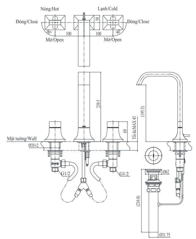 Bản vẽ vòi gắn chậu lavabo TOTO TLG08201B