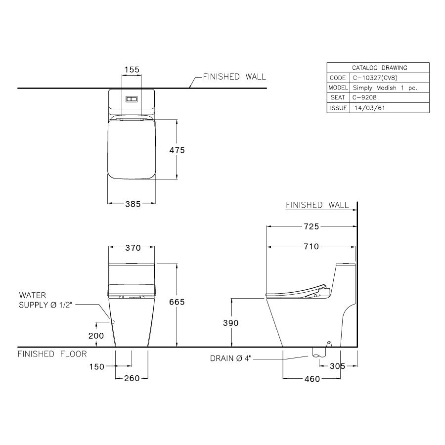 Bản vẽ kỹ thuật bồn cầu 1 khối COTTO nắp điện tử C10327(CV8)