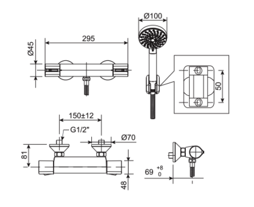 Bản vẽ kỹ thuật vòi sen nóng lạnh American Standard WF-4947