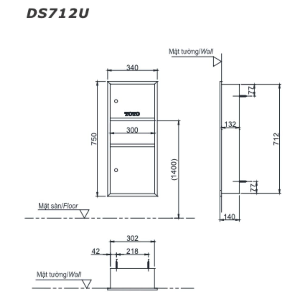 Bản vẽ kỹ thuật tủ âm tường đựng giấy và thùng rác kết hợp TOTO DS712U