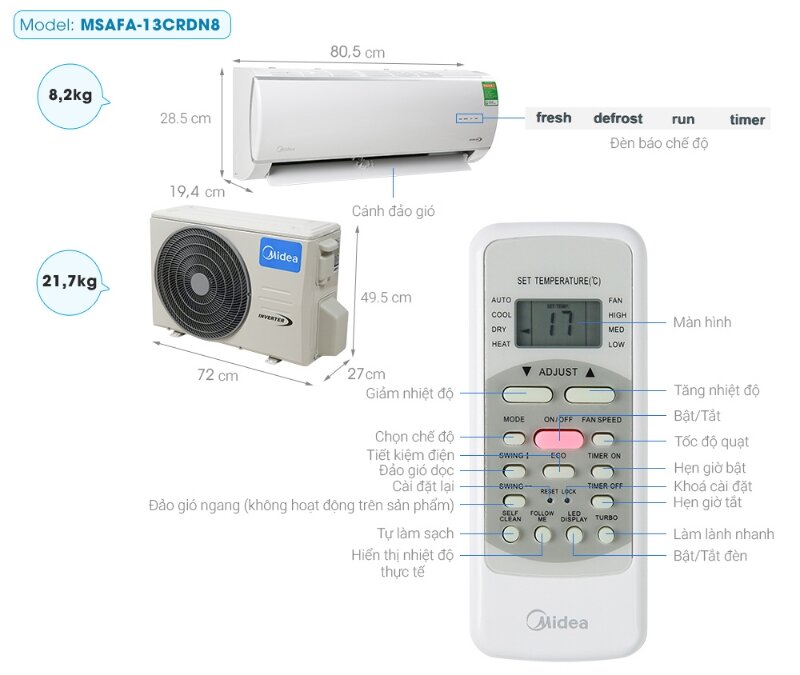 Điều hòa Midea 13000 BTU 1 chiều Inverter MSAFA-13CRDN8 gas R-32