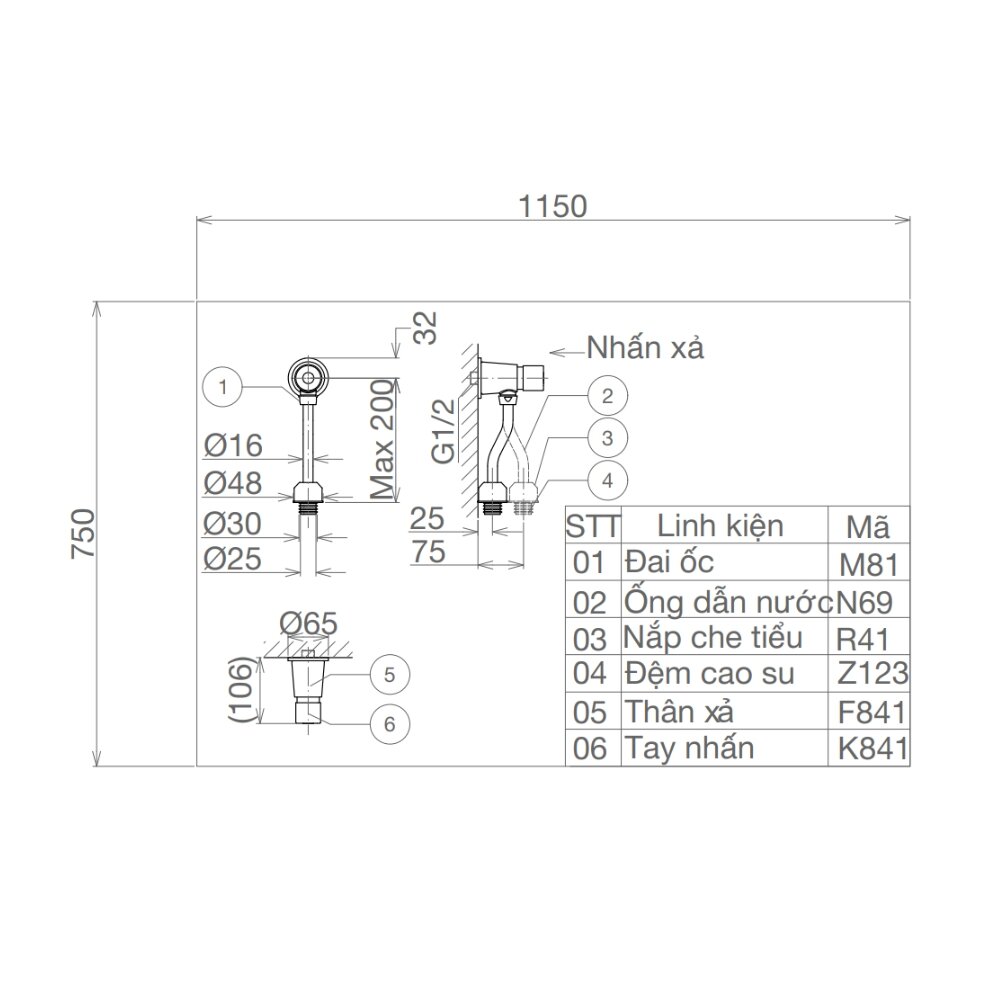 Bản vẽ kỹ thuật van xả tiểu nhấn Viglacera VG841.1 (ống cong)