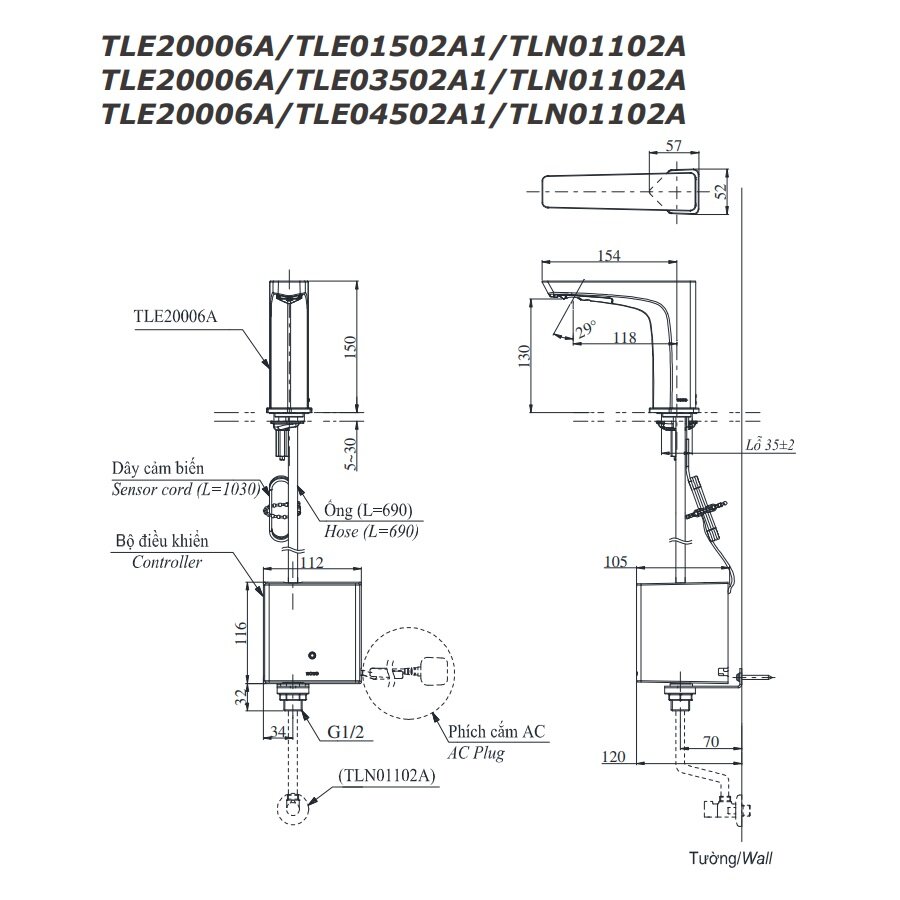 Bản vẽ kỹ thuật vòi lavabo cảm ứng tự động TOTO TLE20006A nước lạnh