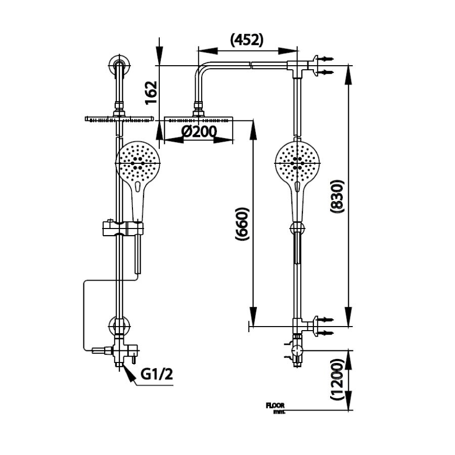 Bản vẽ kỹ thuật sen cây tắm đứng nóng lạnh COTTO CT623Z94Z88