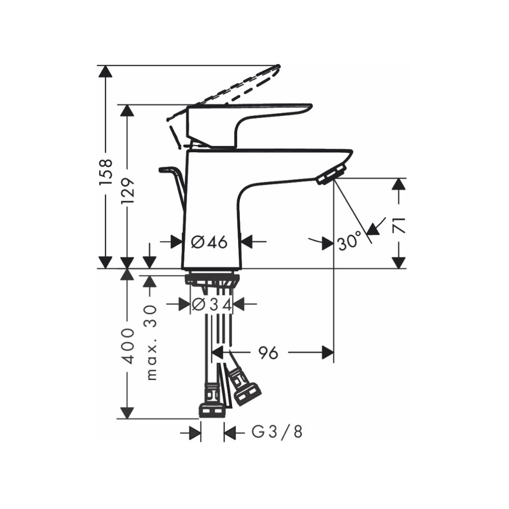 Bản vẽ kỹ thuật của vòi chậu lavabo nóng lạnh Talis E 80 Hansgrohe 71700000