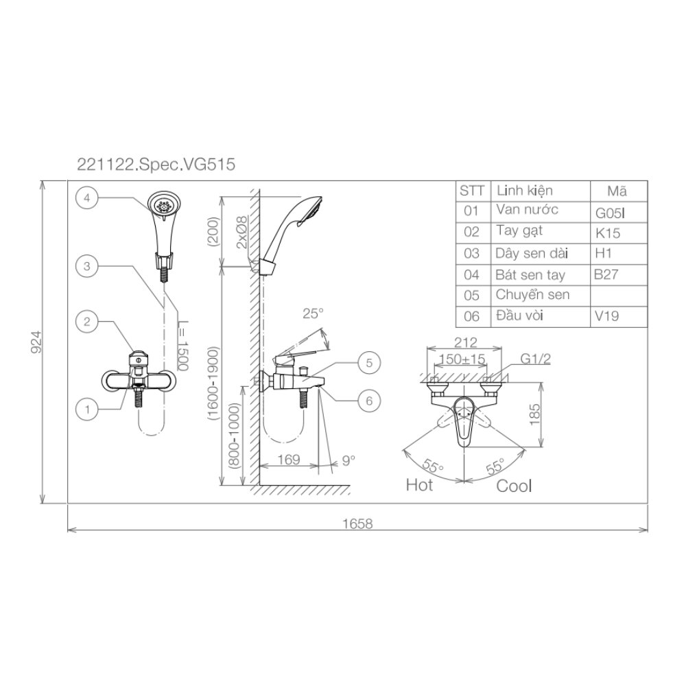 Bản vẽ kỹ thuật sen tắm nóng lạnh Viglacera VG515