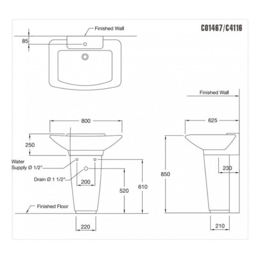 Bản vẽ kỹ thuật chậu rửa lavabo COTTO C01467/C4116 treo tường chân dài Hercules
