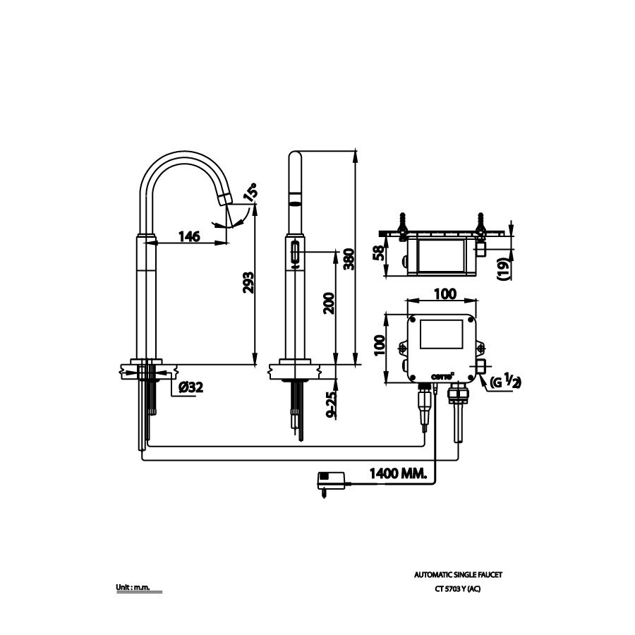 Bản vẽ kỹ thuật vòi lavabo cảm ứng COTTO dùng điện CT5703Y(AC)