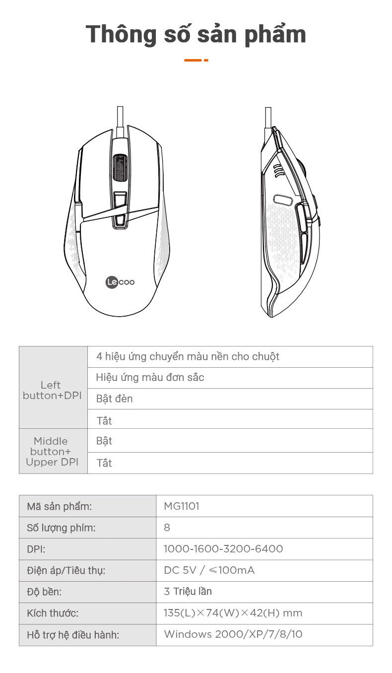 Chuột game Lecoo MG1101 đen (USB)