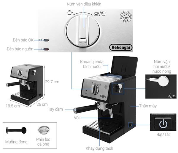 Cấu tạo và kích thước của máy pha cà phê Delonghi ECP33.21.BK