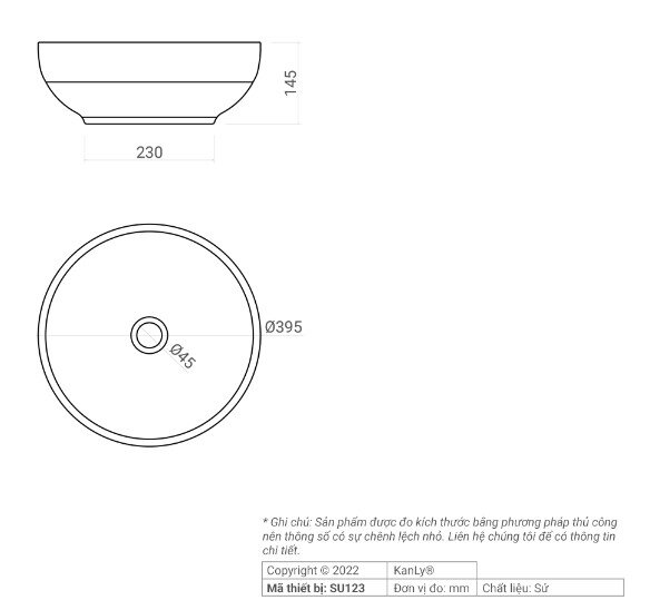 Bản vẽ kỹ thuật chậu rửa mặt lavabo sứ hoa văn Kanly SU122