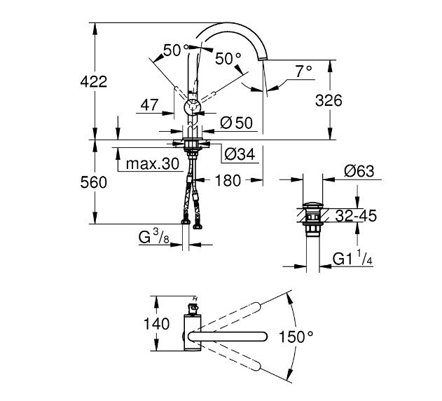 Bản vẽ kỹ thuật vòi chậu nóng lạnh Atrio GROHE 32647003