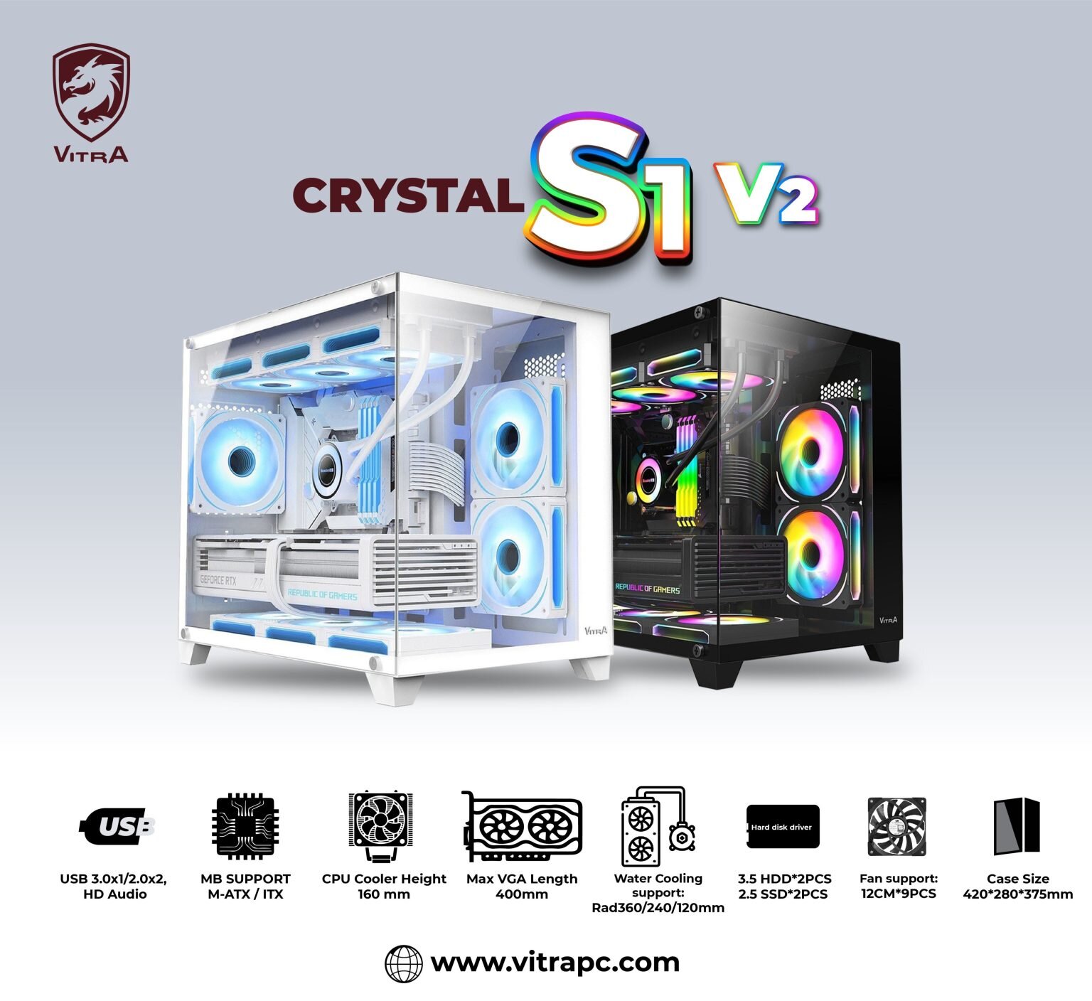 Vỏ Case VITRA CRYSTAL S1 V2 BLACK (MATX/Màu Đen/Rad 360)