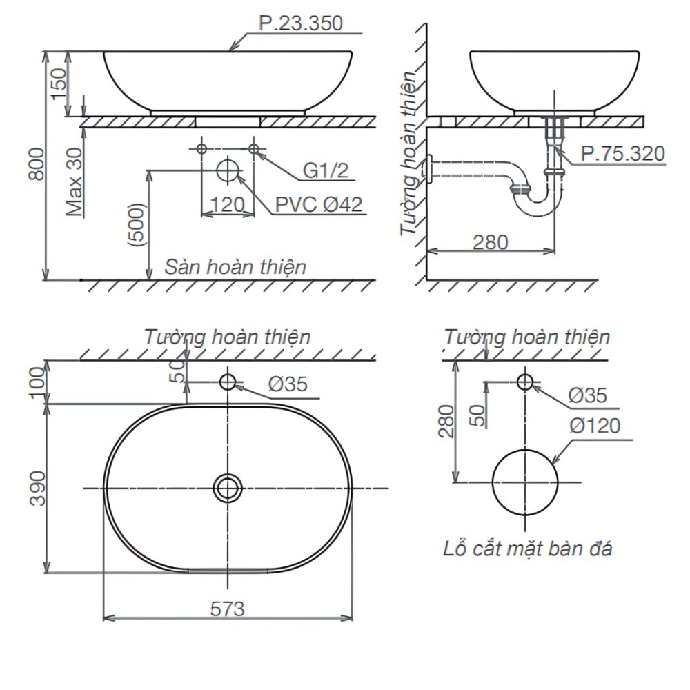 Bản vẽ kỹ thuật của chậu rửa lavabo đặt bàn Viglacera Platinum P.23.350