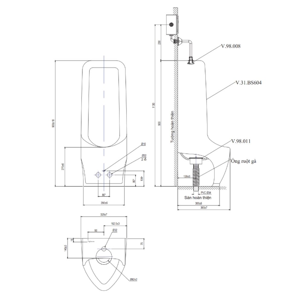 Bản vẽ kỹ thuật bồn tiểu nam đặt sàn Viglacera BS604