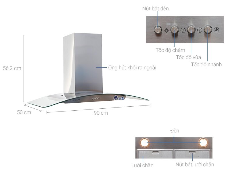 Lưới lọc của máy hút mùi kính cong Malloca DELTA-K890V được làm từ hợp kim nhôm bền bỉ,