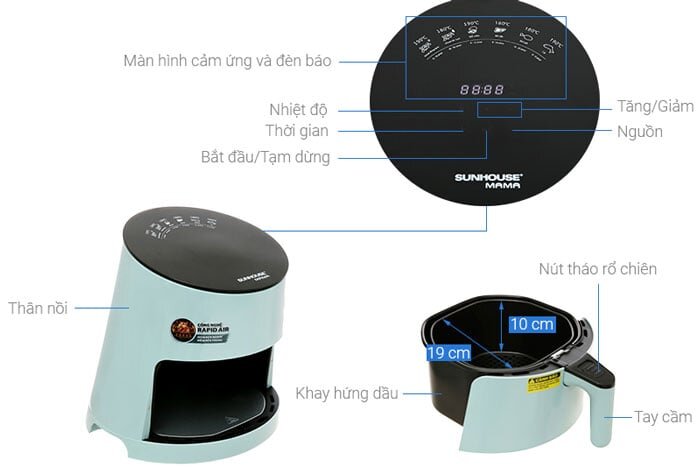 Cấu tạo và kích thước của nồi chiên không dầu Sunhouse Mama SHD4085G
