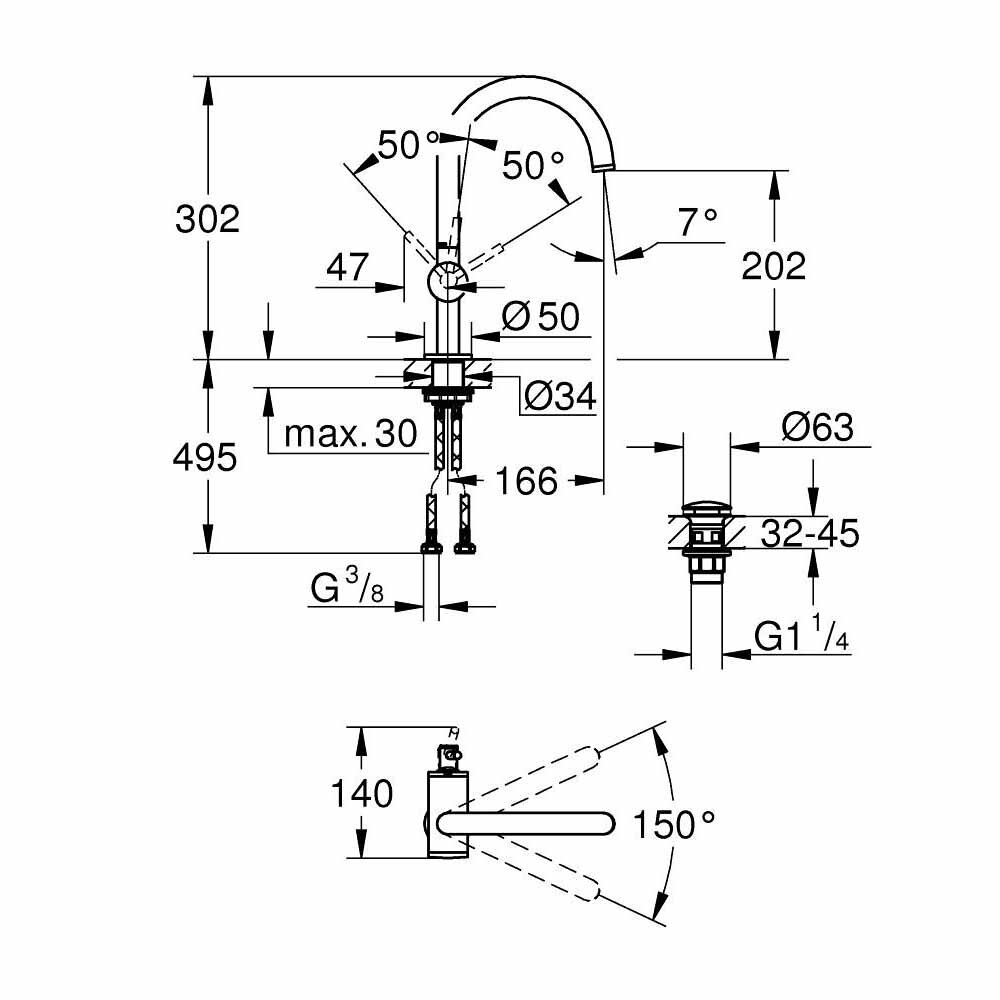Bản vẽ kỹ thuật vòi chậu nóng lạnh Atrio GROHE 32042003