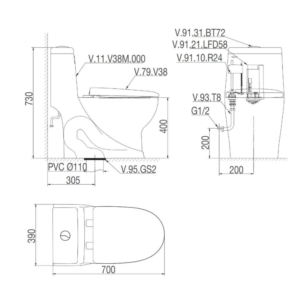 Bản vẽ kỹ thuật bồn cầu 1 khối Viglacera V38M nắp êm xả xoáy (+ vòi xịt VG826)