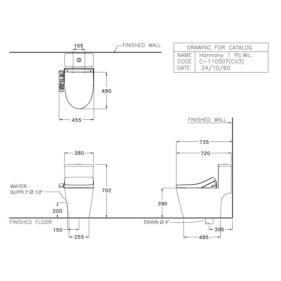 Bản vẽ kỹ thuật bồn cầu 2 khối COTTO nắp điện tử C167507(CV3)