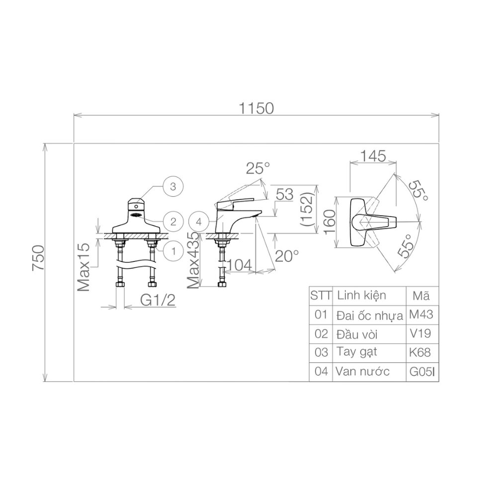 Bản vẽ kỹ thuật vòi chậu lavabo nóng lạnh Viglacera VG368