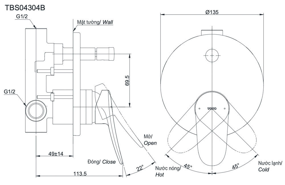 Bản vẽ kỹ thuật van điều chỉnh nóng lạnh gật gù TOTO TBS04304B