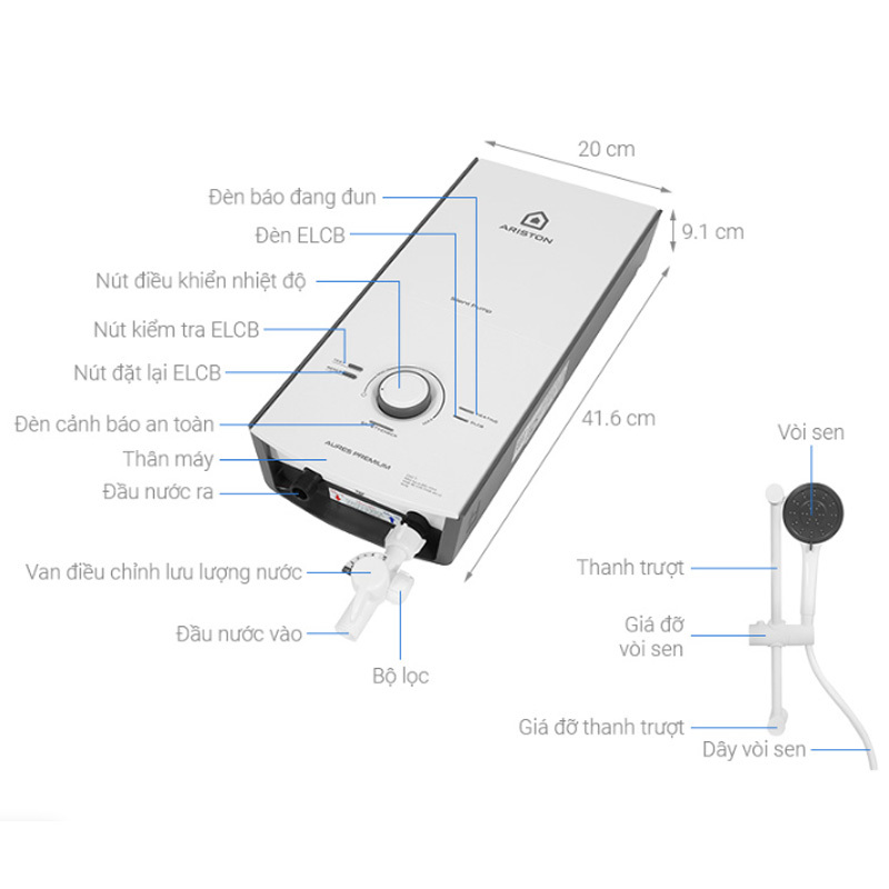 Bình nóng lạnh trực tiếp Ariston Aures Premium 4.5P có bơm