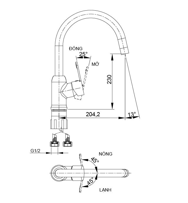 Bản vẽ kỹ thuật vòi bếp nóng lạnh Luxta L3222C