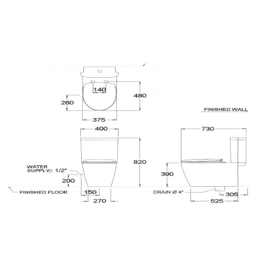 Bản vẽ kỹ thuật bồn cầu 2 khối COTTO C16827 nắp đóng êm 3x3-E2