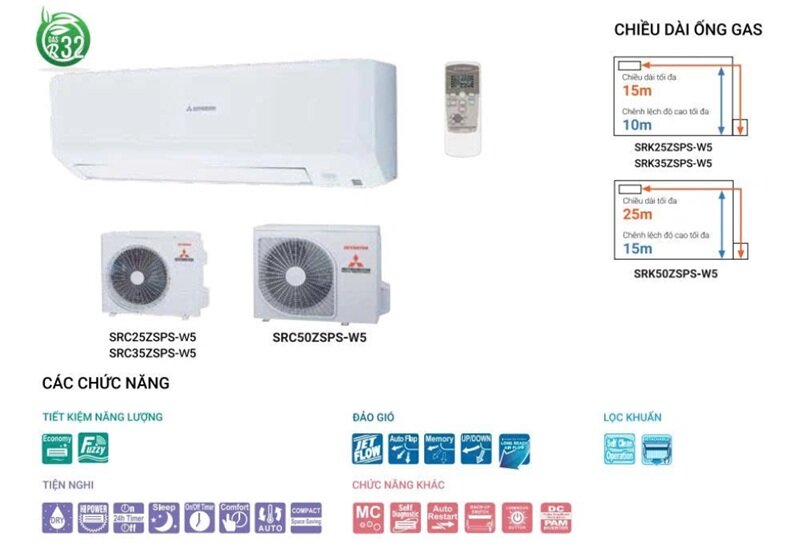 Điều Hòa Mitsubishi Inverter 18000 BTU 2 Chiều SRK/SRC50ZSPS-W5 Gas R-32