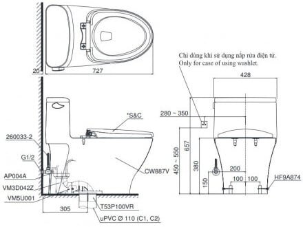 Bản vẽ kích thước Bàn cầu 1 khối nắp đóng êm Toto MS887RT2 Bàn cầu 1 khối Toto MS887RT2