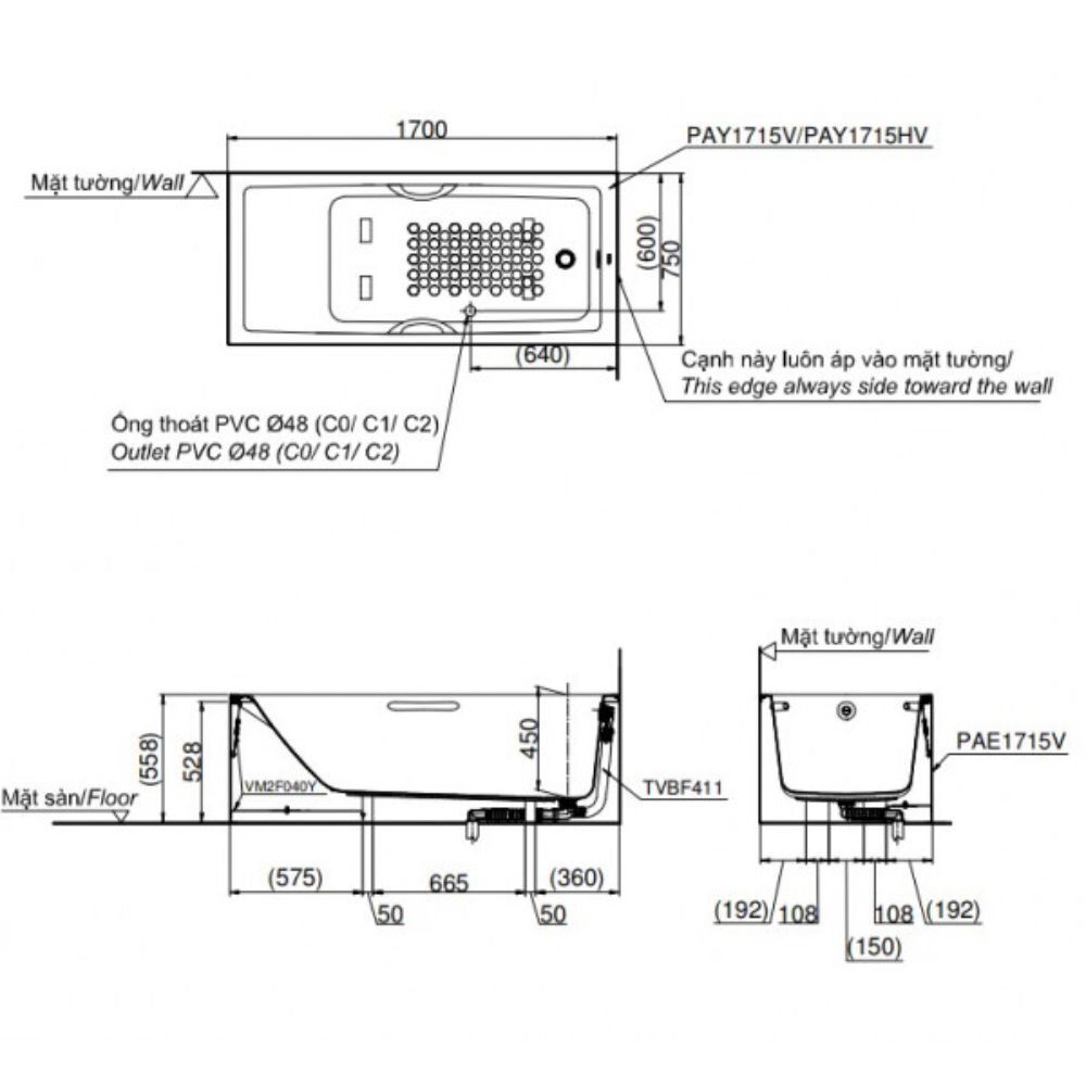 Bản Vẽ Kỹ Thuật Bồn Tắm TOTO PAY1715VC Và Ống Thải TVBF411