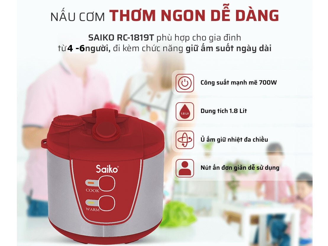 Nồi cơm điện Saiko RC-1819T có dung tích 1.8 lít Nồi cơm điện Saiko RC-1819T