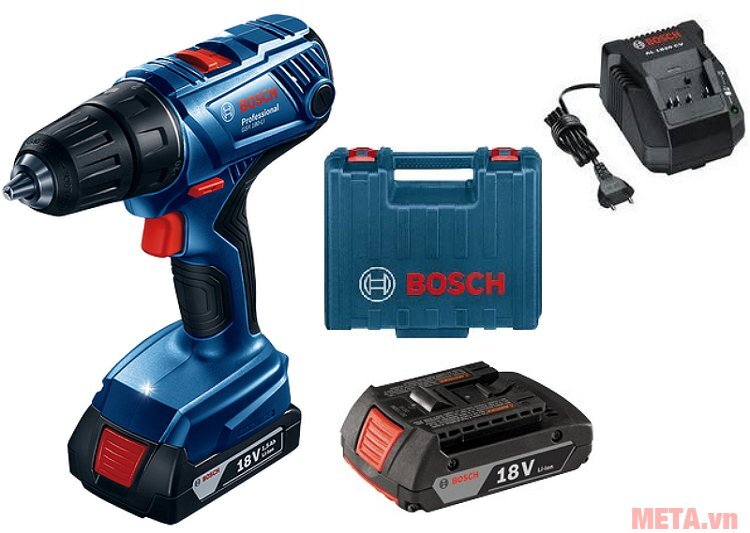 Máy khoan bắt vít dùng pin Bosch GSR 180-Li đi kèm hộp đựng, pin sạc và củ sạc 