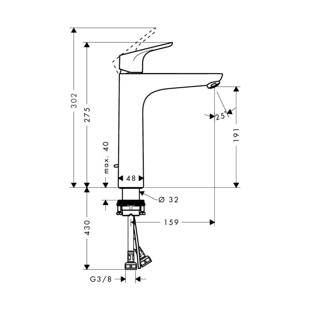 Bản vẽ kỹ thuật của vòi chậu lavabo nóng lạnh Focus 190 Hansgrohe 31608000