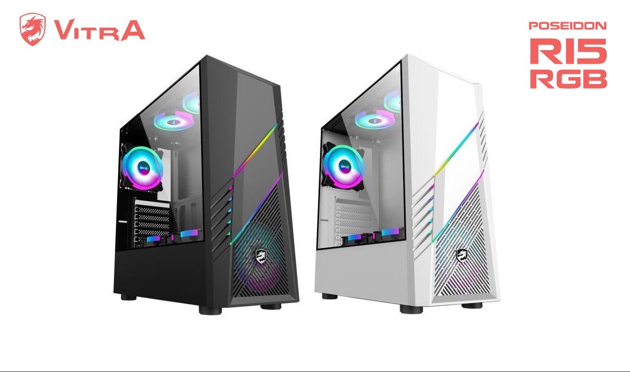 Vỏ Case Vitra Poseidon R15 RGB Black (Mid Tower/Màu Đen/Sẵn 3 Fan / Dải Led RGB)