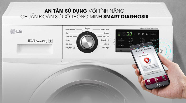 An tâm sử dụng máy giặt với tính năng chuẩn đoán sự cố qua app cài trên điện thoại Máy giặt inverter LG