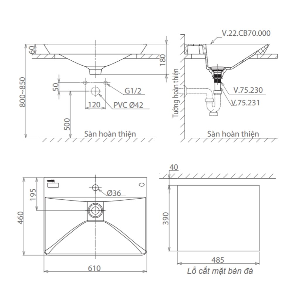 Bản vẽ kỹ thuật chậu lavabo đặt bàn Viglacera CB70
