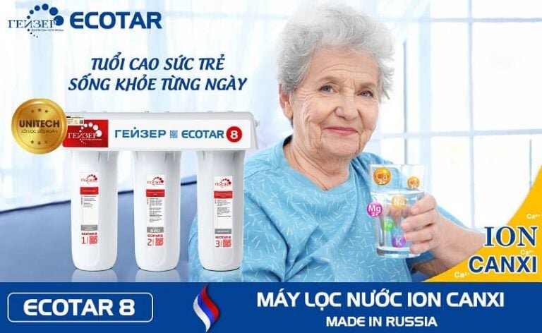 Máy lọc nước ion Canxi Geyser ECOTAR 8 có hệ thống 3 lõi lọc, không có nước thải, nước sau khi lọc có thể uống luôn
