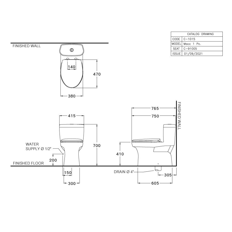 Bản vẽ kỹ thuật bồn cầu 1 khối COTTO nắp êm C1015