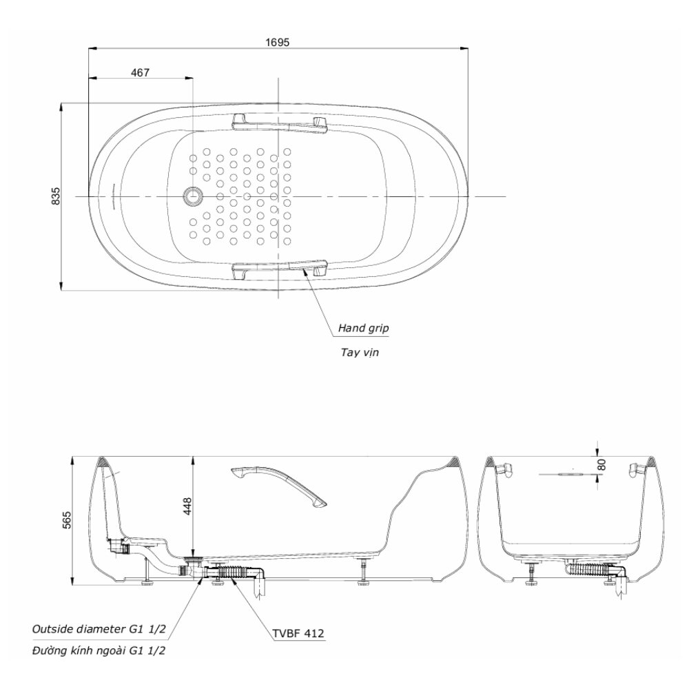 Bản vẽ kỹ thuật bồn tắm đặt sàn TOTO PJY1744PWEN#GW GALALATO 1m7 trắng bóng