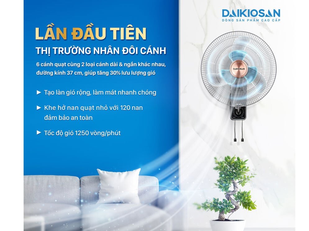 Quạt treo tường Daikiosan có tốc độ nhanh, công suất lớn Quạt treo tường Daikiosan