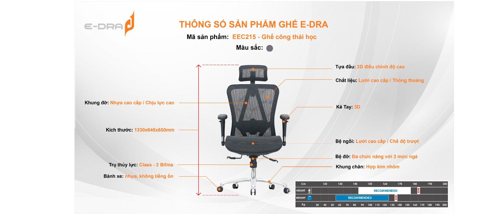 Ghế Công Thái Học E-Dra EEC215 Black ảnh 8
