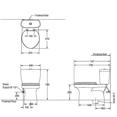 Bản vẽ kỹ thuật bồn cầu 2 khối COTTO nắp êm C1389
