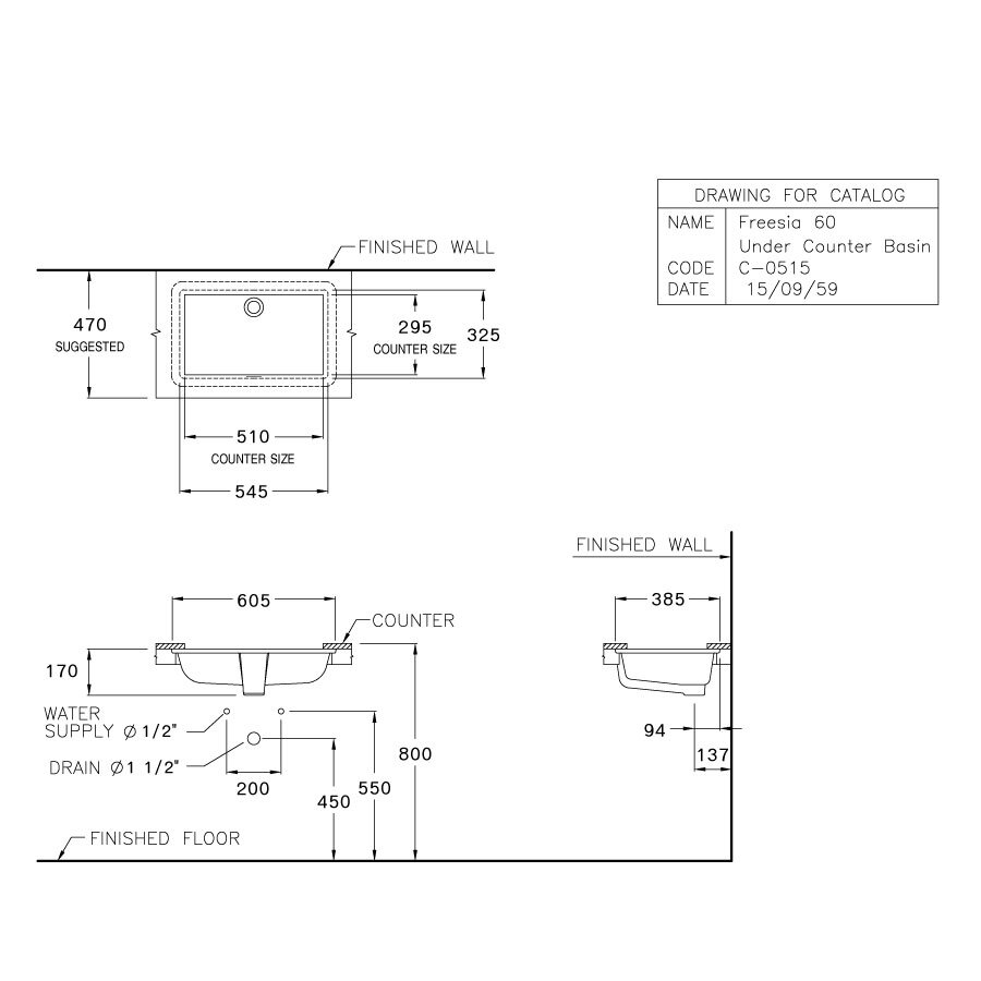Bản vẽ kỹ thuật chậu rửa lavabo COTTO âm bàn C05157