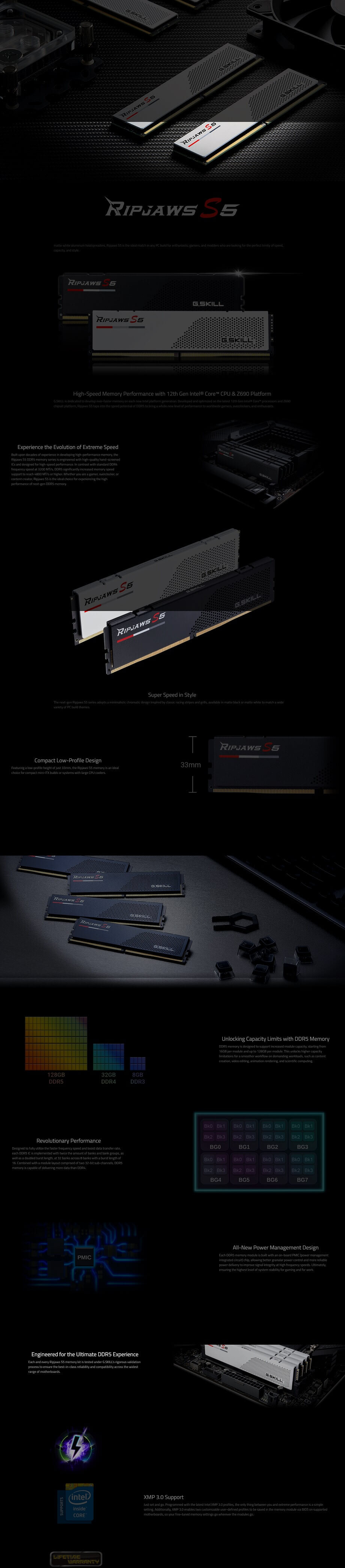 Ram Desktop Gskill RIPJAWS S5 White (F5-5600J4040C16GX2-RS5W) 32GB (2x16B) DDR5 5600Mhz  